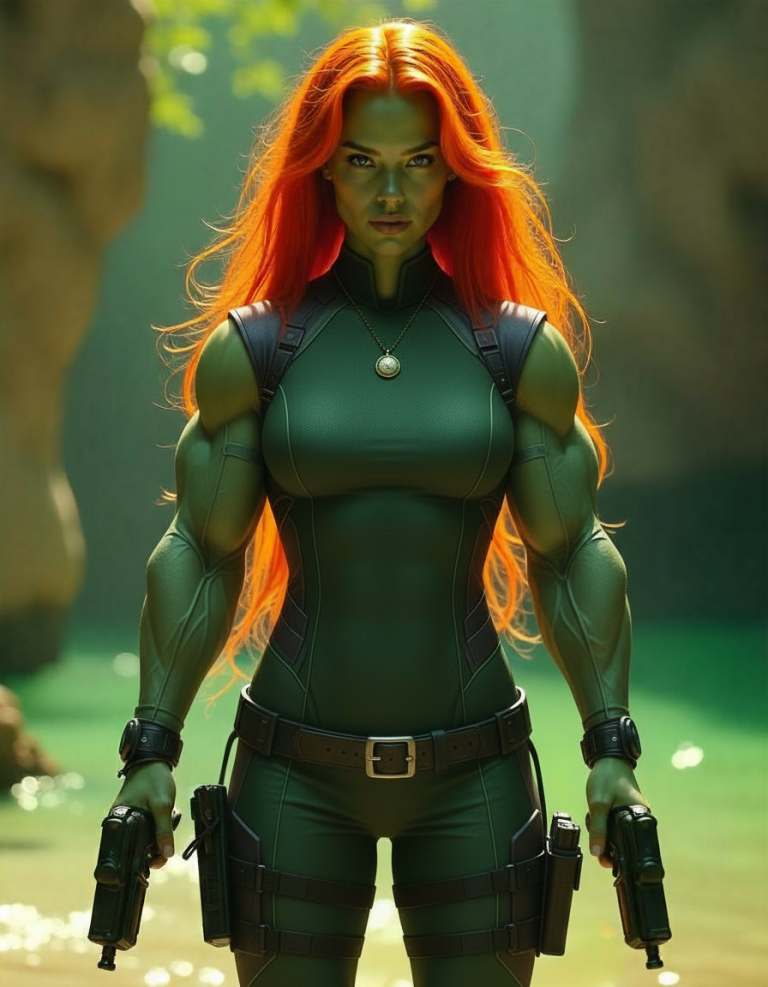 Grilka, a strong green woman with massive muscles and long orange hair wearing green leather armor and hold two disruptor pistols.