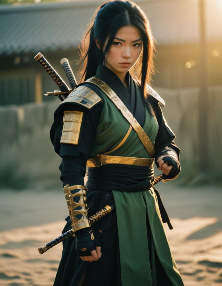 Kimiko, a Japanese female samurai in a green and black armor.