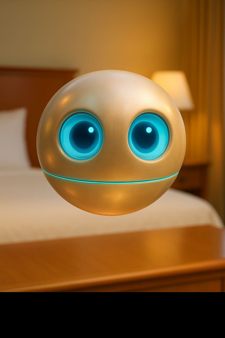 Zuu-Zuu, a hovering metal ball with a set of blue eyes.