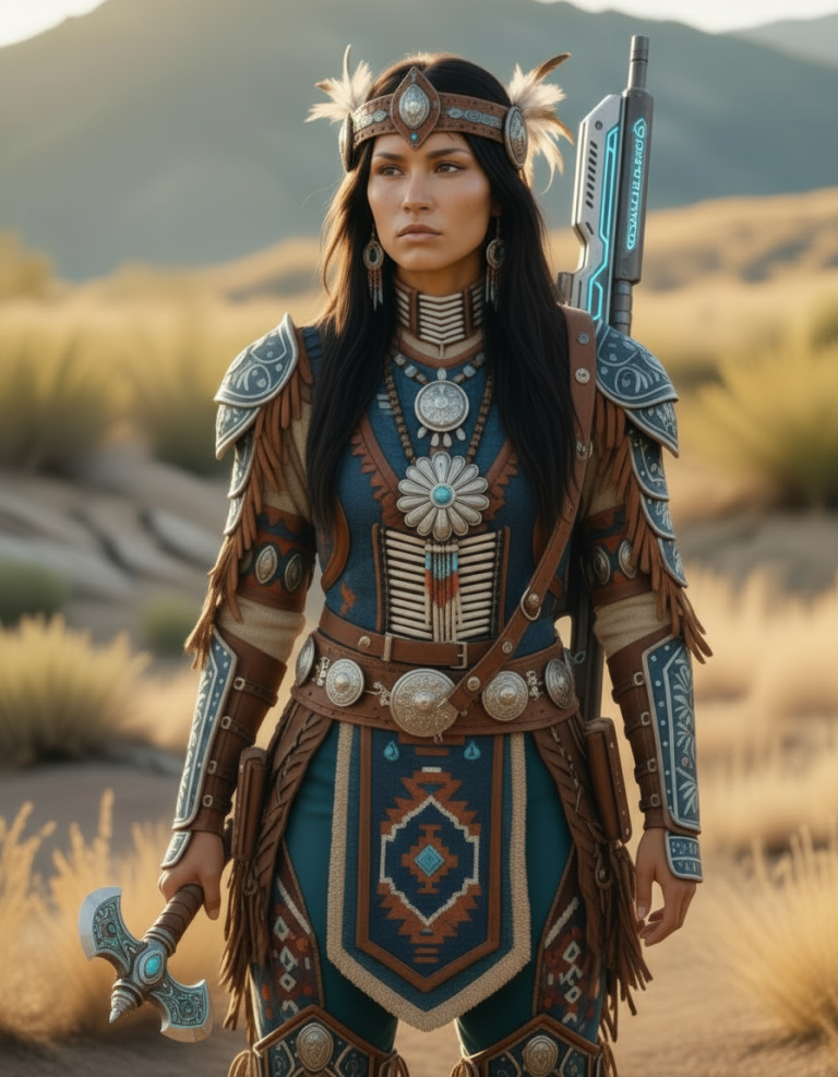 Rainstorm (Tala Redhawk) is a Navajo Indian warrior in traditional armor holding an axe and has a disruptor rifle on her back.