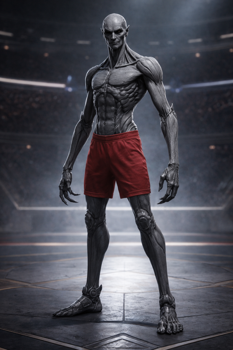 Okrath from the planet Joruun. Grey, tall wrestler fighter.
