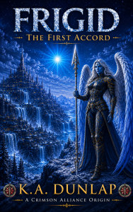 Frigid - the First Accord with a blue winged woman with long hair and holding a double-ended spear.