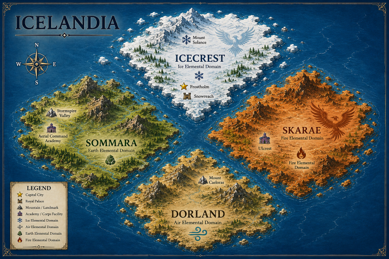 Map of Icelandia showing all four continents: Icecrest, Dorland, Skarae, and Sommara